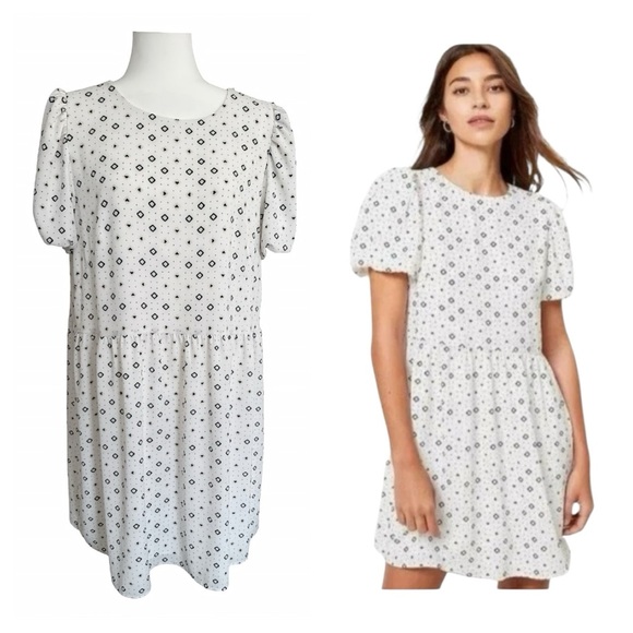 LOFT Dresses & Skirts - NWOT LOFT Puff Sleeve Babydoll Swing Dress Size 14 White Black Geo Print Lined